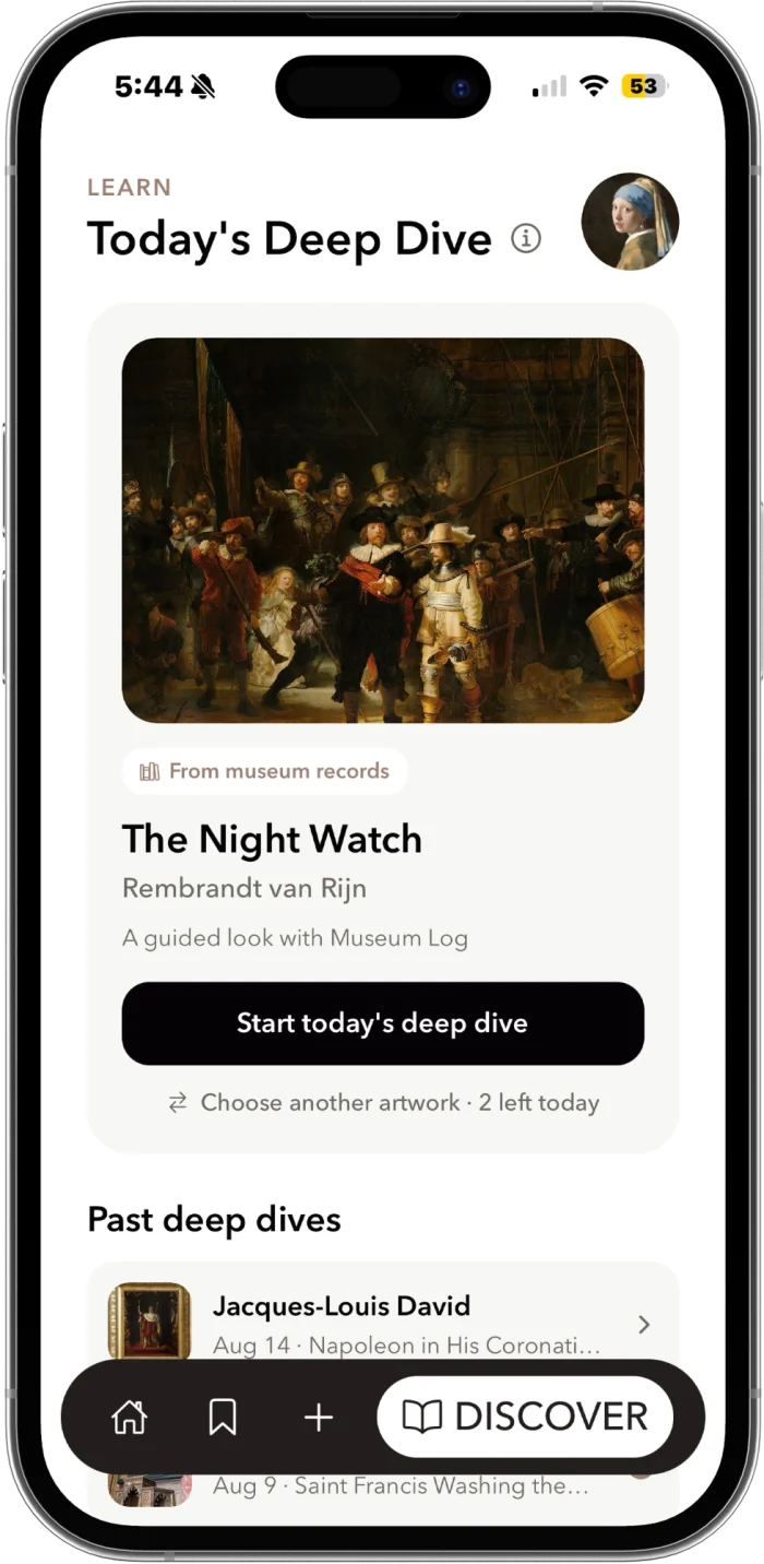 Museum Log deep dive screen featuring The Night Watch