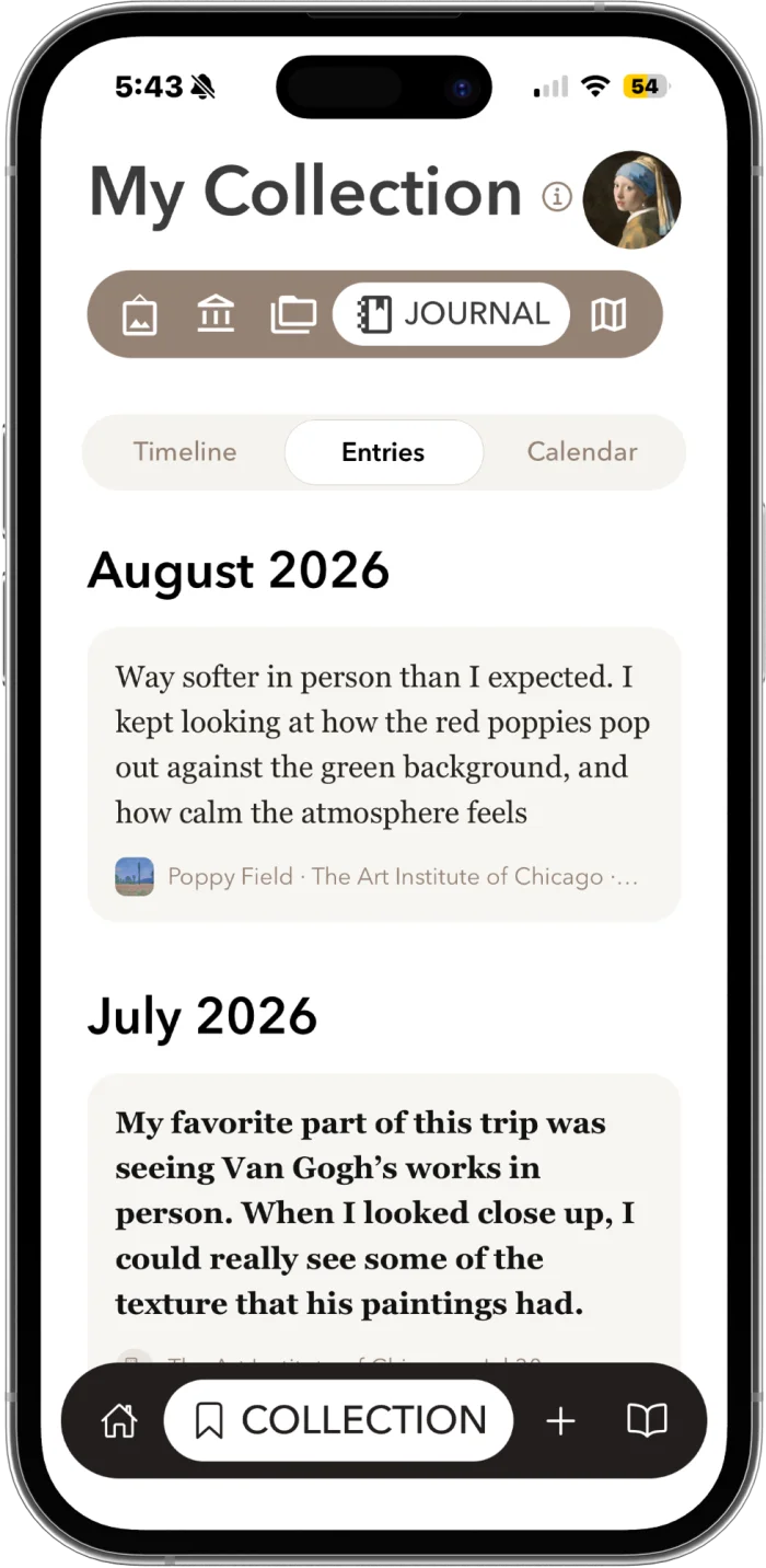 Museum Log journal screen