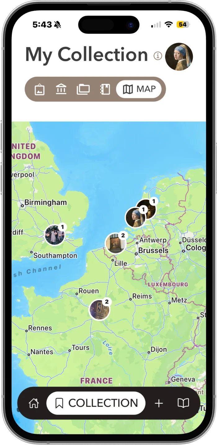 Museum Log map view showing artworks pinned across Europe